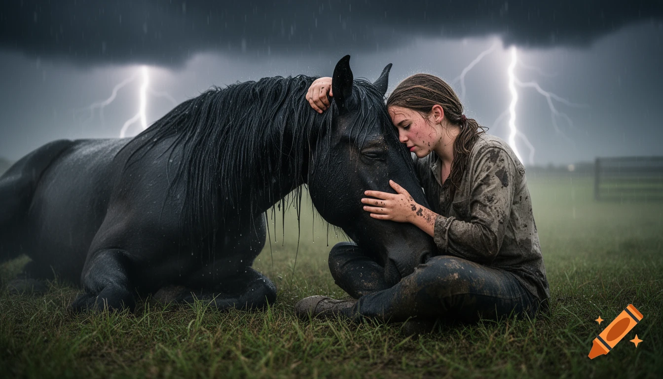 A wet girl kneels in the mud, comforting a collapsed black horse in a rainy field under a stormy sky with lightning.