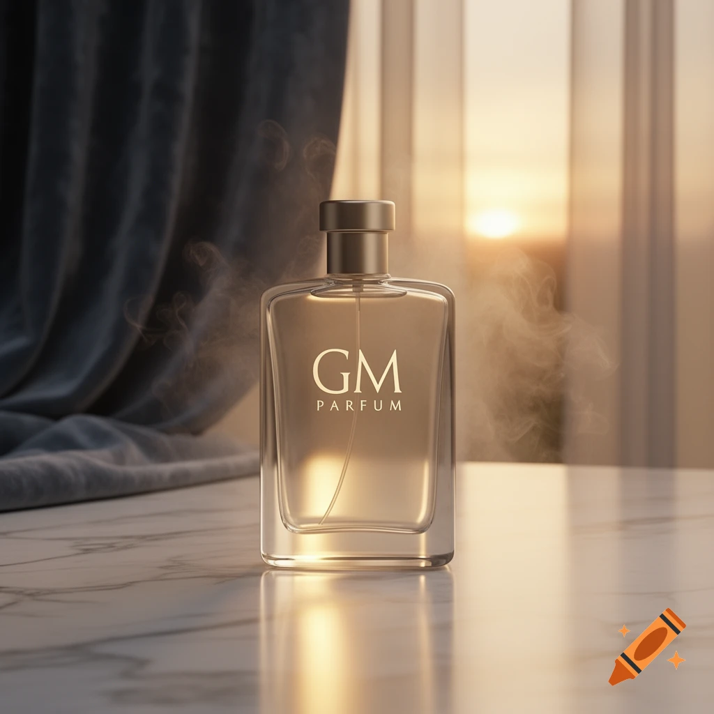 An elegant GM PARFUM perfume bottle on a marble surface with a golden sunset background and subtle smoke, in a photorealistic style.