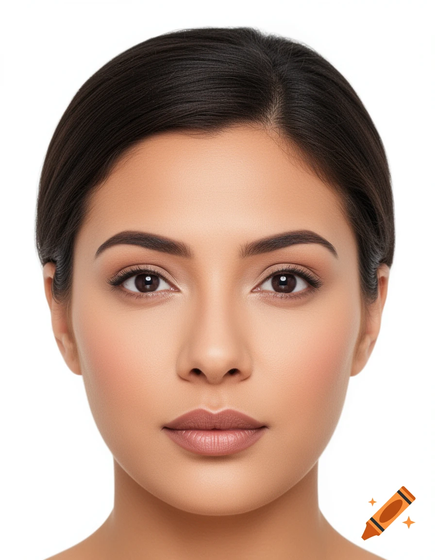 Close-up front-facing portrait of a woman with dark hair and a neutral expression against a plain white background.