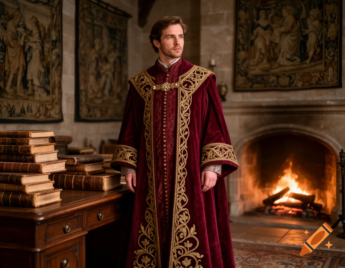 A man in ornate red and gold historical robes stands in a grand room ...