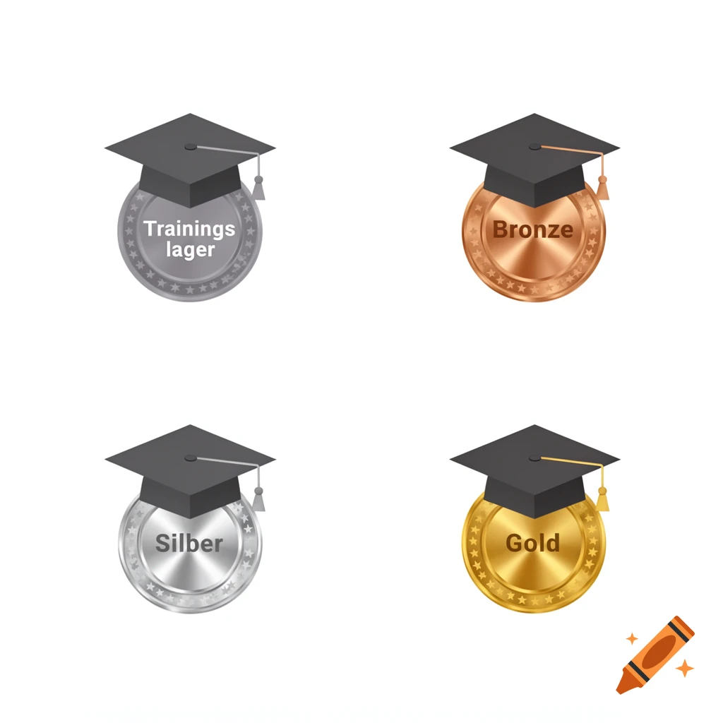 Four graduation cap icons on star-bordered medals: gray "Trainingslager", bronze "Bronze", silver "Silber", and gold "Gold".