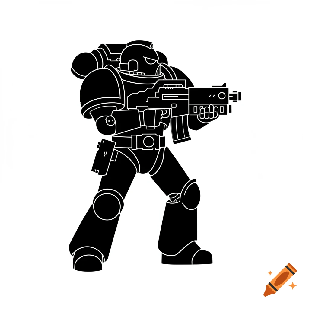 A minimalist black silhouette of a Warhammer 40k Space Marine holding a bolter on a white background.