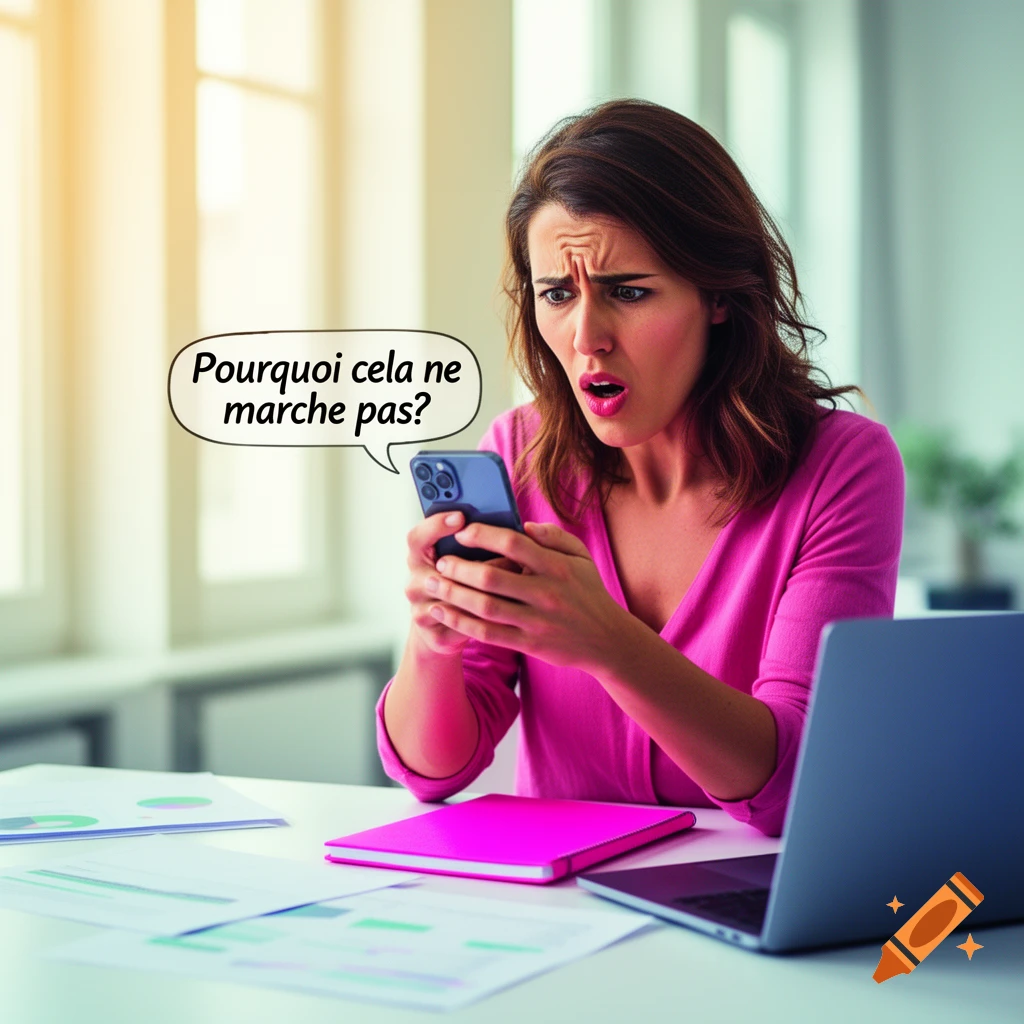Frustrated woman in a pink top looking at her phone, with a speech bubble saying 'Pourquoi cela ne marche pas?'. She is at a desk with a laptop and papers.