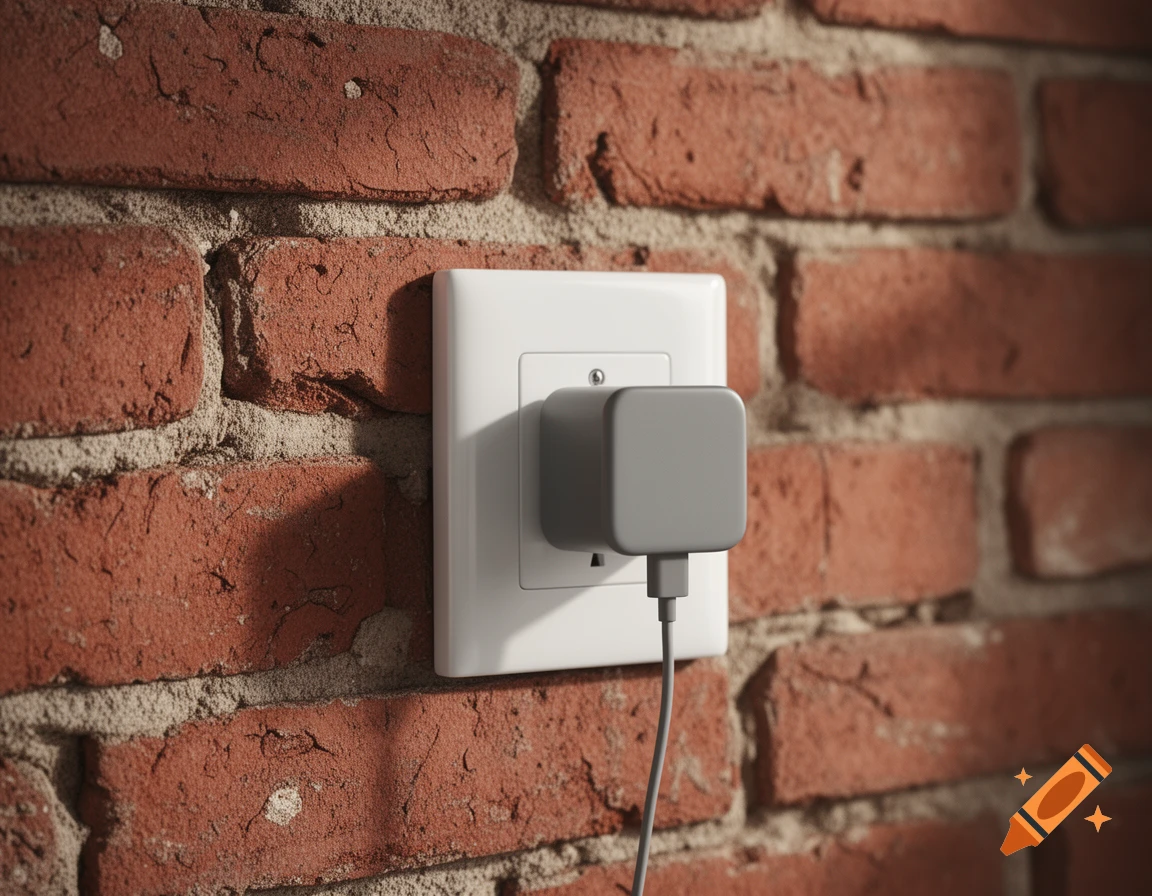 A gray phone charging brick plugged into a white AC outlet on a rustic red brick wall.