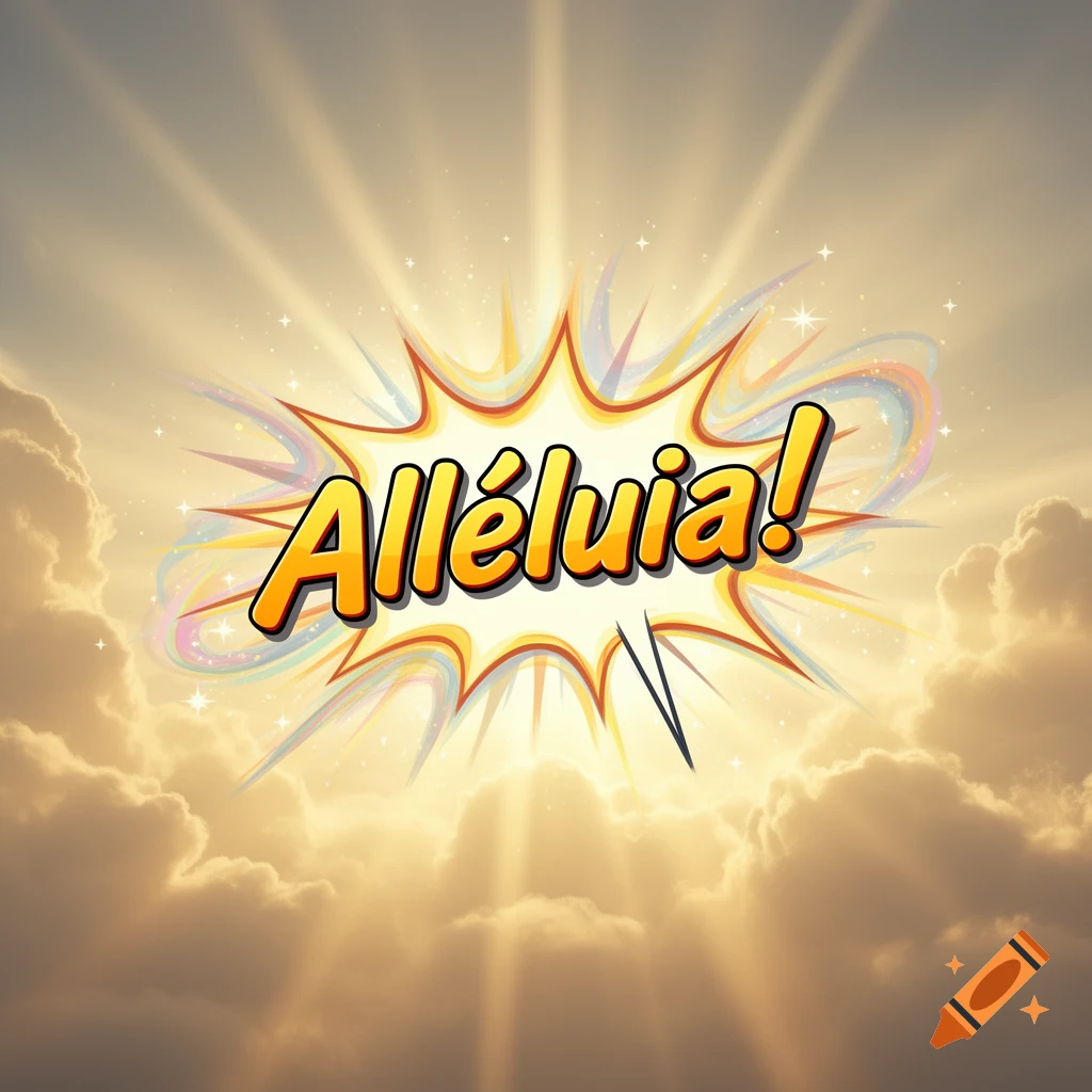 Comic style speech bubble with "All l luia!" in orange text, set against a background of golden sun rays breaking through clouds.