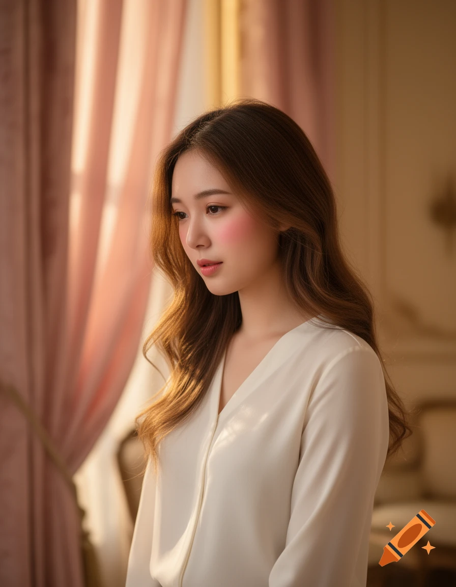 A beautiful young woman with long brown hair, looking shy in a white blouse, lit by soft golden light.