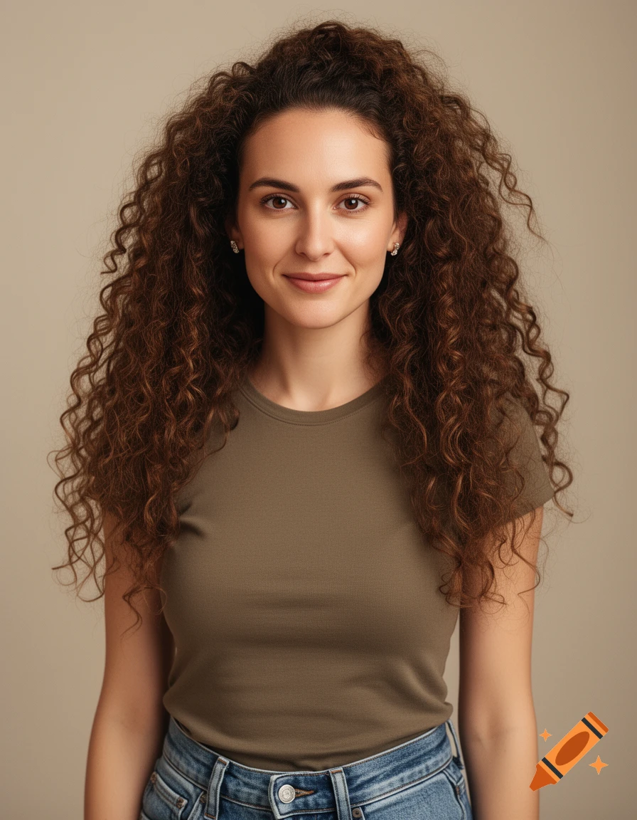 A photorealistic portrait of a woman with long, curly brown hair, wearing a brown t-shirt and jeans, smiling at the viewer.