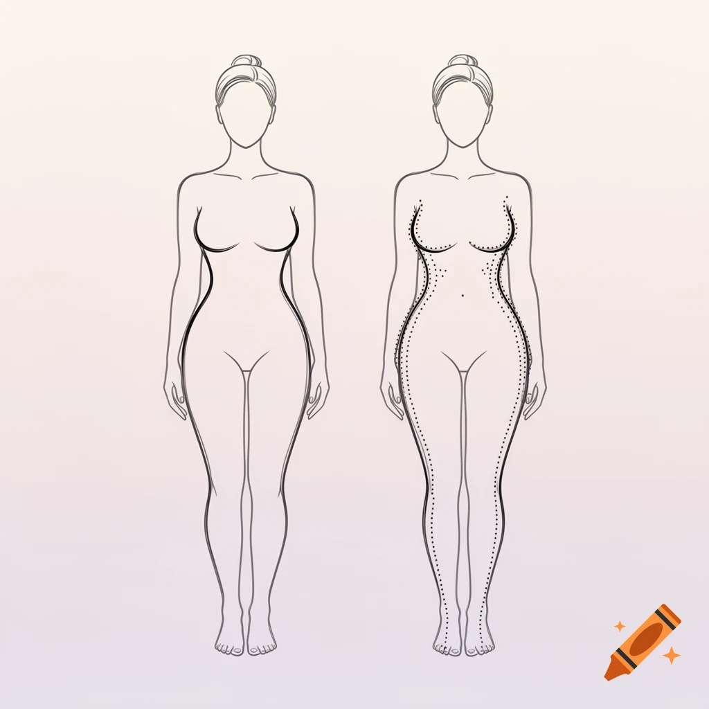 Line art comparing an hourglass female figure with a version showing reduced waist and hips via dotted lines.