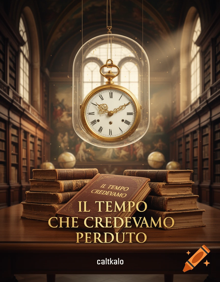 A vintage pocket watch hangs in a glass dome above stacks of old books on a wooden table in a grand library, with the title "IL TEMPO CHE CREDEVAMO PERDUTO" on the main book.