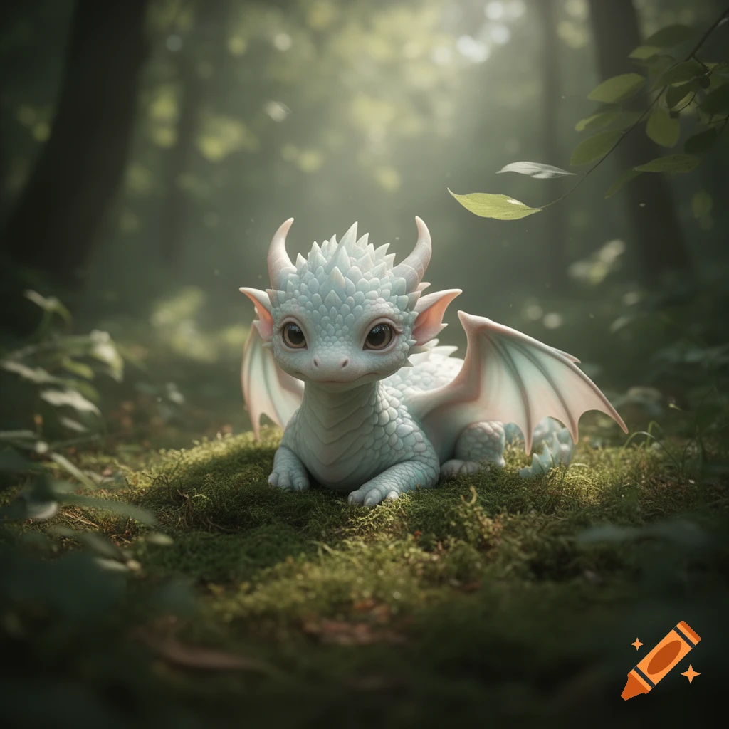 A cute, light blue baby dragon with large eyes and small wings sits on mossy ground in a sun-dappled forest.