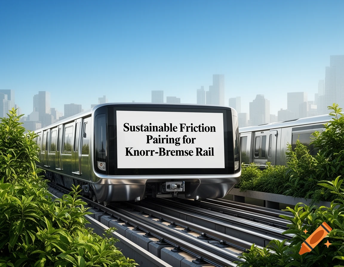 A sleek, modern train with a display reading "Sustainable Friction Pairing for Knorr-Bremse Rail" moves through lush greenery in front of a city skyline.