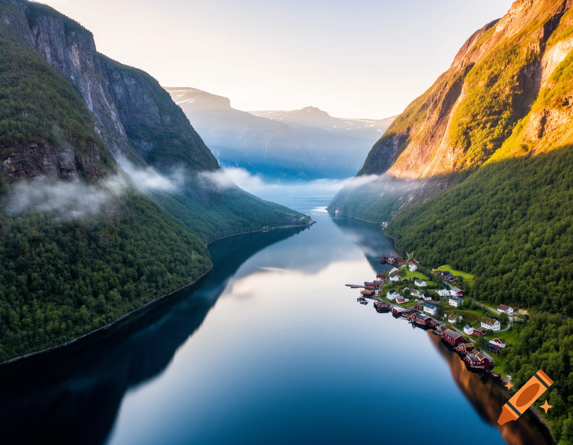 Photorealistic aerial view of a Norwegian fjord with a small village nestled on a green mountainside, reflecting in calm water.