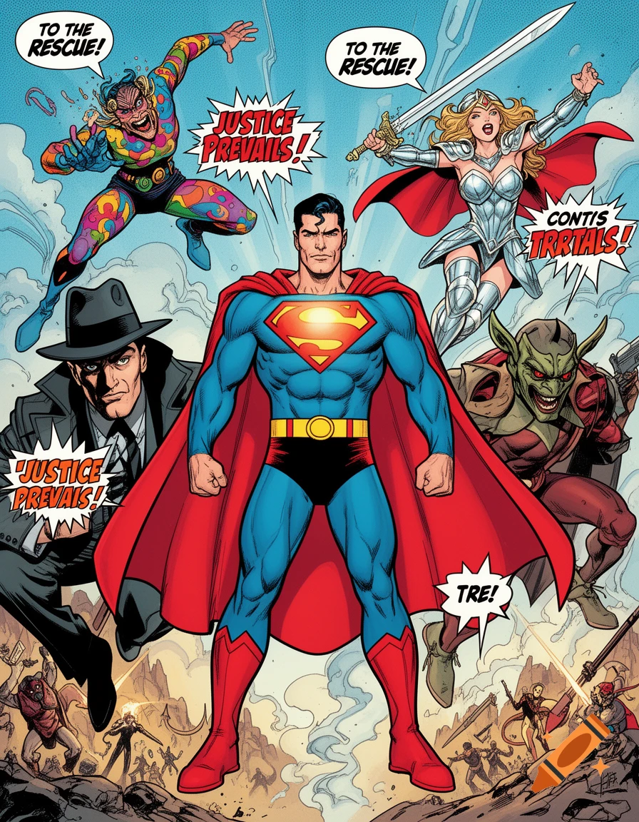 Superman stands ready with other comic book heroes and villains, including a woman with a sword and a man in a fedora, amidst a battle scene.