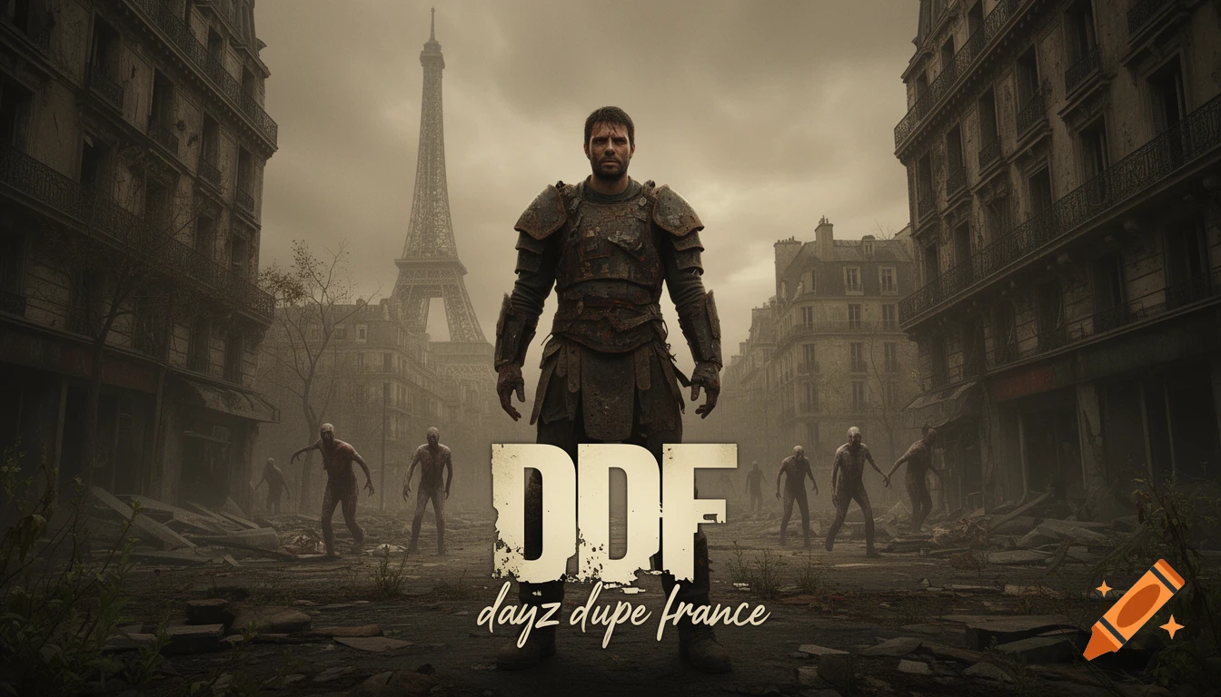 An armored survivor stands among ruins and zombies on a desolate Parisian street with the Eiffel Tower in the background. Text reads DDF Dayz Dupe France.