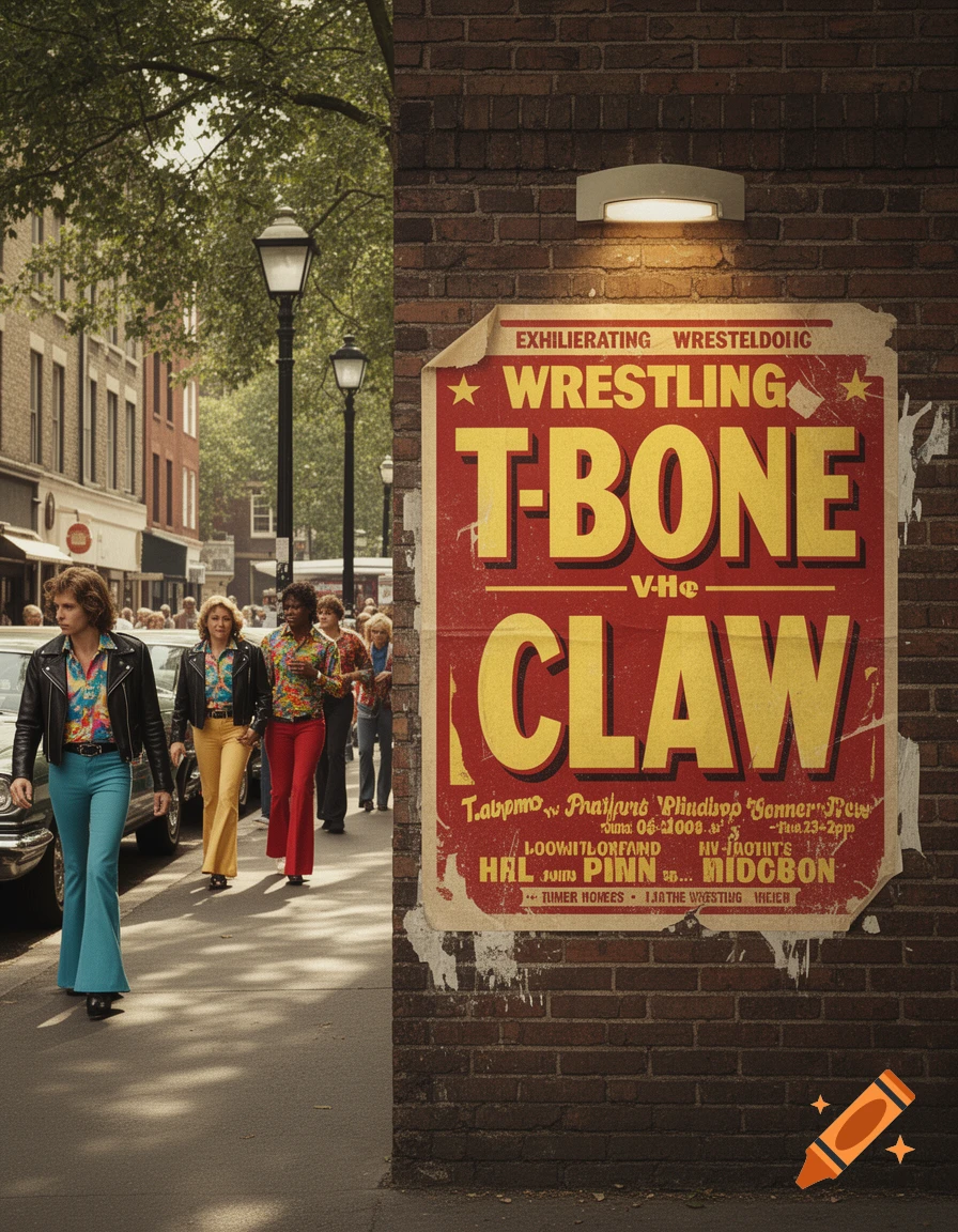 A street scene with people in 1970s fashion walking on a sidewalk, next to a brick wall with a large red wrestling poster for "T-BONE V-He CLAW".