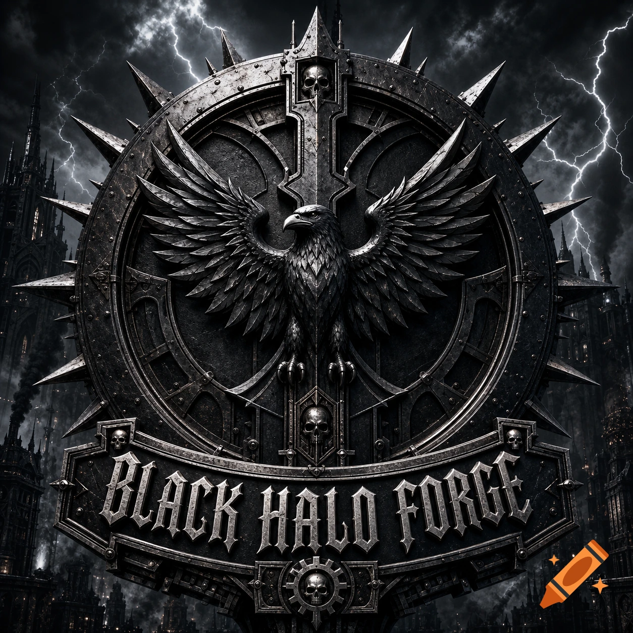 A dark, spiked emblem featuring a black eagle, skulls, and 'BLACK HALO FORGE' text, set against a stormy gothic city with lightning.