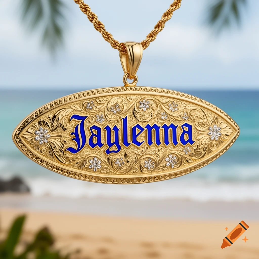 Gold surfboard pendant with 'Jaylenna' in blue, intricate engravings, and small diamonds on a rope chain. Blurred tropical beach background.