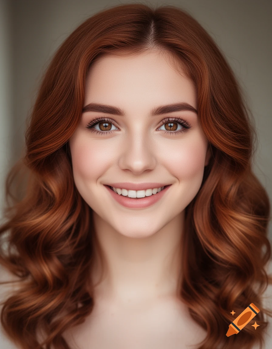 Close-up portrait of a smiling young woman with long, wavy red hair and brown eyes.