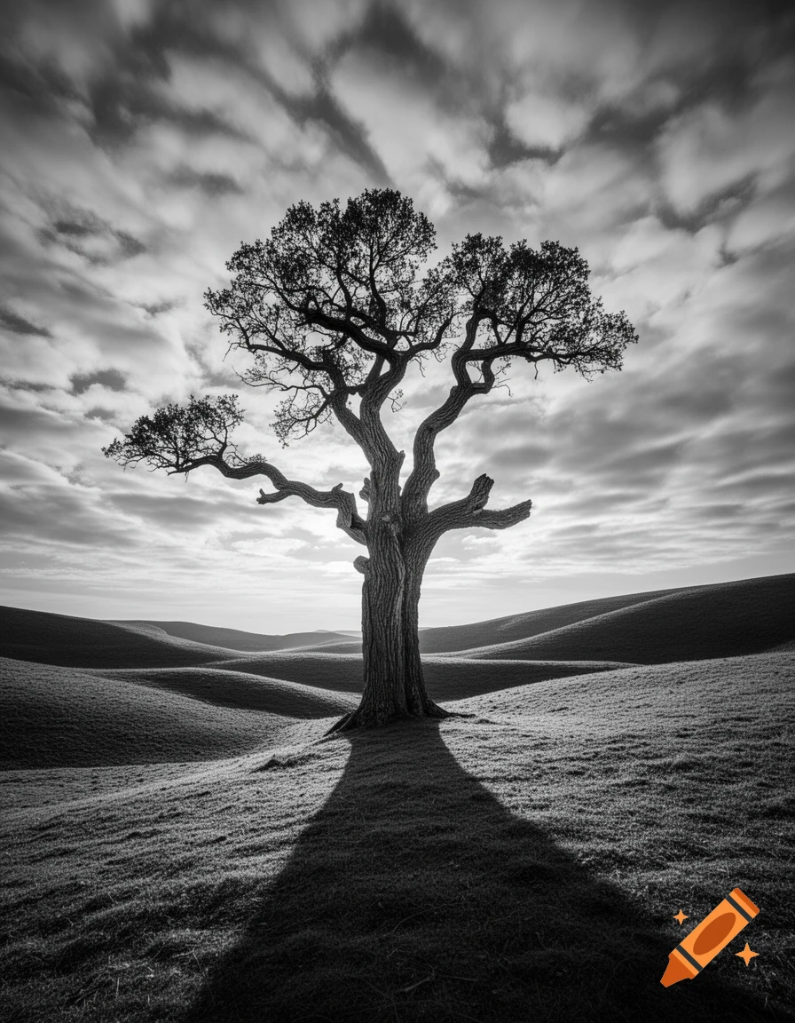 Monochrome landscape photo of a lone tree with a long shadow on rolling hills under a cloudy sky.