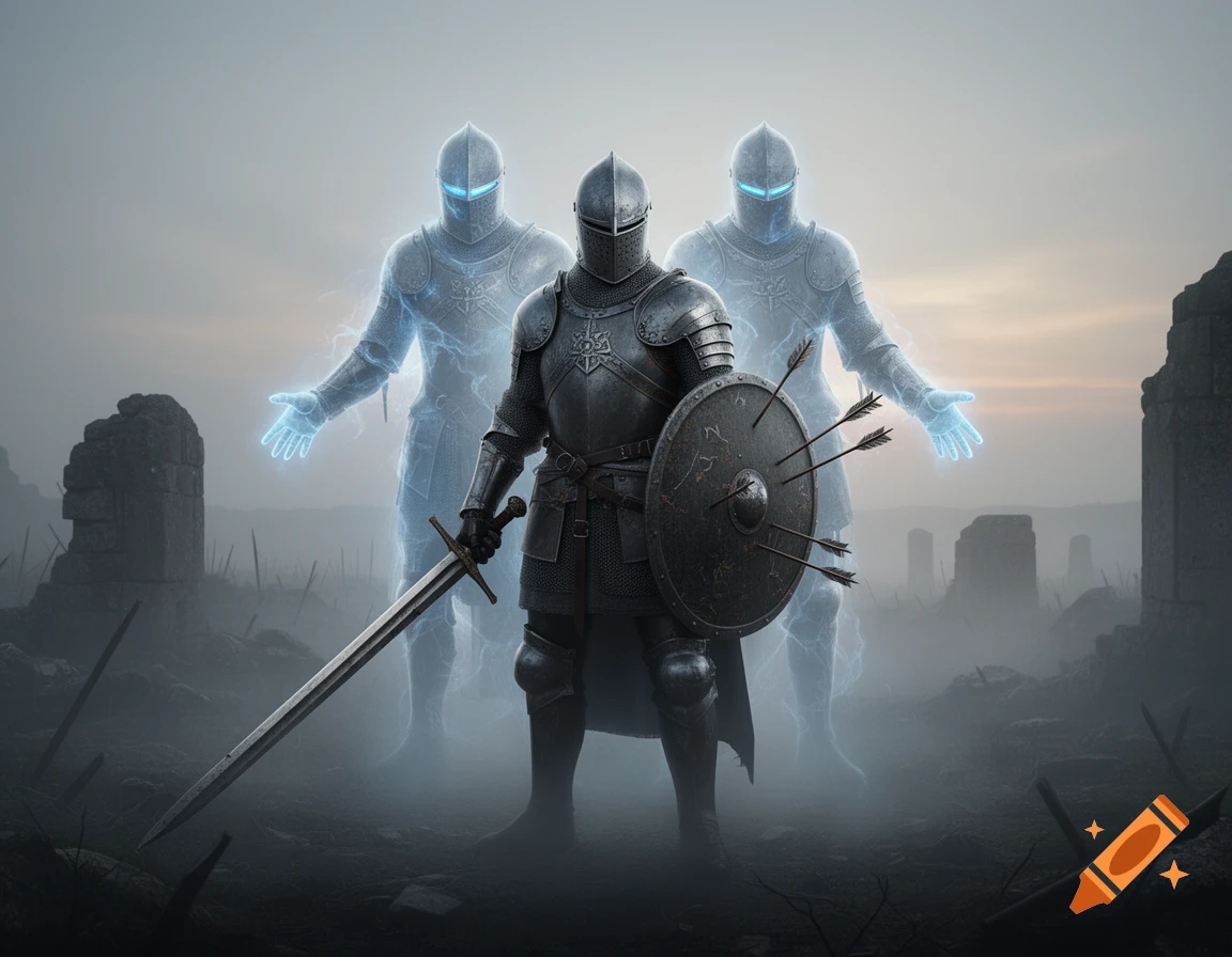 A knight in full plate armor holds a sword and a shield with arrows, flanked by two glowing spectral knights in a foggy, ruined battlefield.