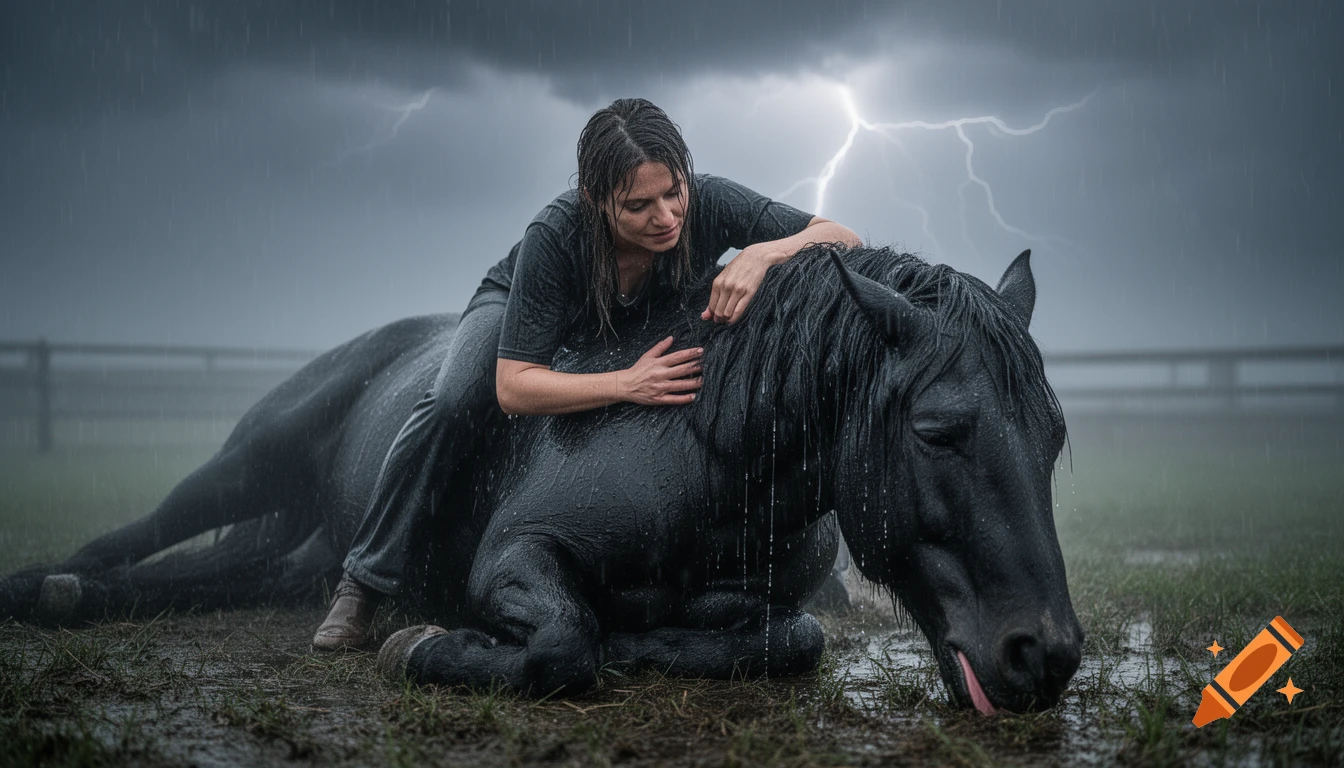 A woman embraces a collapsed black horse in a rainy, stormy field with lightning, reflecting an emotional and dramatic scene.