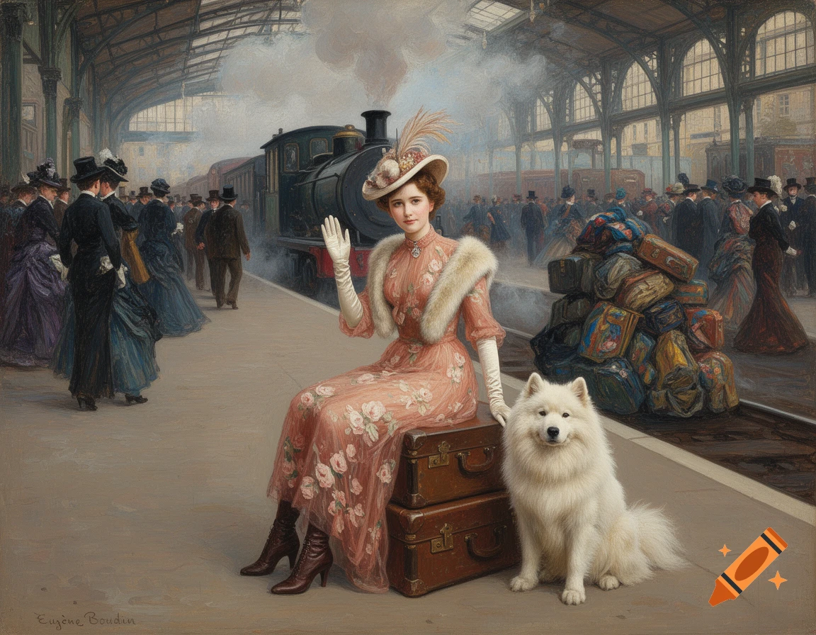 An impressionist painting of an elegant Edwardian woman in an old-rose dress and fur stole, sitting on luggage and waving at a bustling train station with her Samoyed dog.