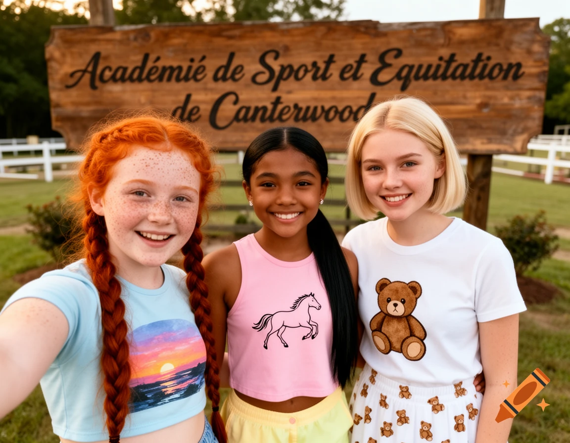 Three smiling diverse girls take a selfie outdoors in front of a wooden sign for an equestrian academy.