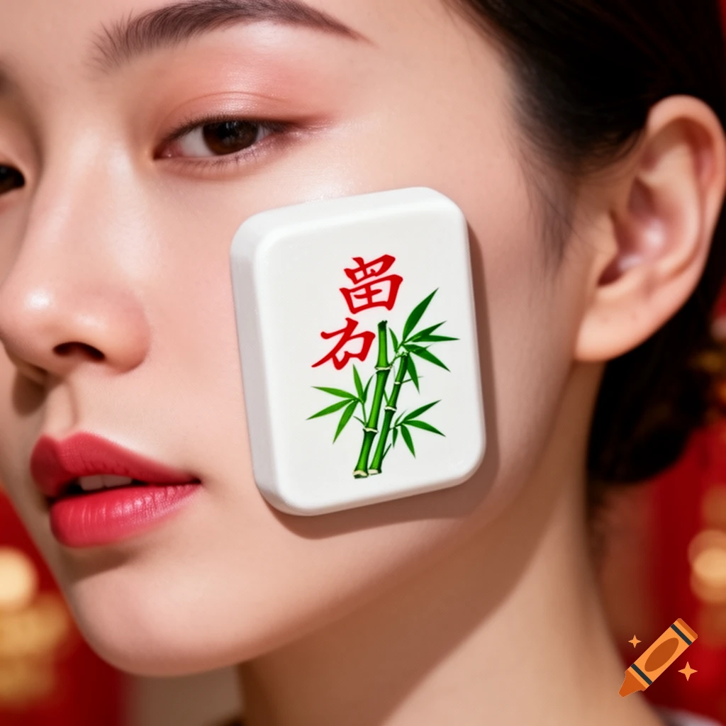 Close-up of a person's face with a Mahjong tile on the cheek, featuring a red Chinese character and green bamboo.