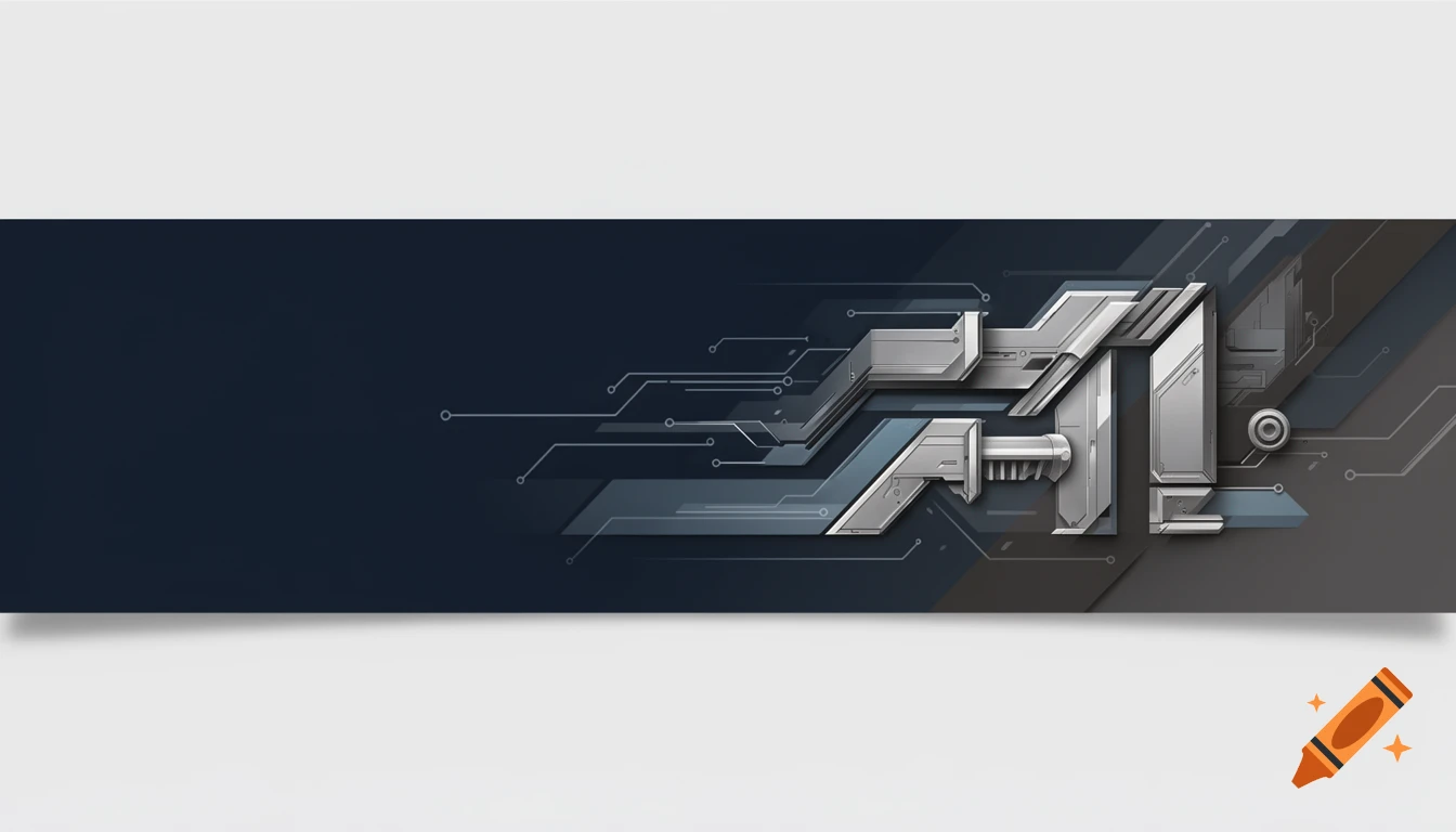 Abstract banner with silver and blue geometric industrial forms and circuit lines on a dark background, suggesting technology and progress.