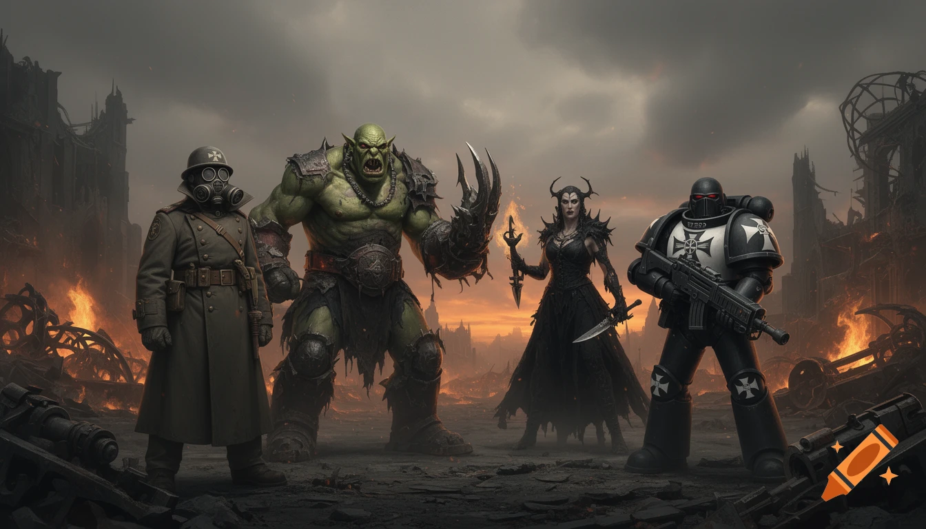 A gas-masked soldier, green orc, dark sorceress, and armored space marine stand on a burning, ruined battlefield under a stormy sky.