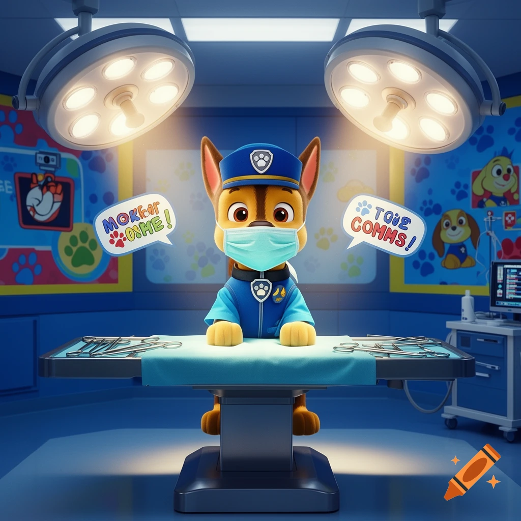 CGI cartoon of Chase from Paw Patrol as a surgeon, wearing a mask, standing at an operating table in a brightly lit operating room.