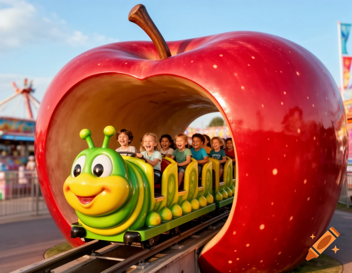 Happy children ride a green caterpillar roller coaster through a giant red apple at an amusement park.