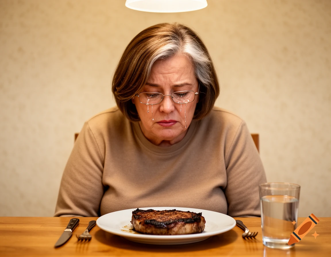 A crying 60-year-old woman with glasses sits at a table with an overcooked steak and a glass of water in front of her.