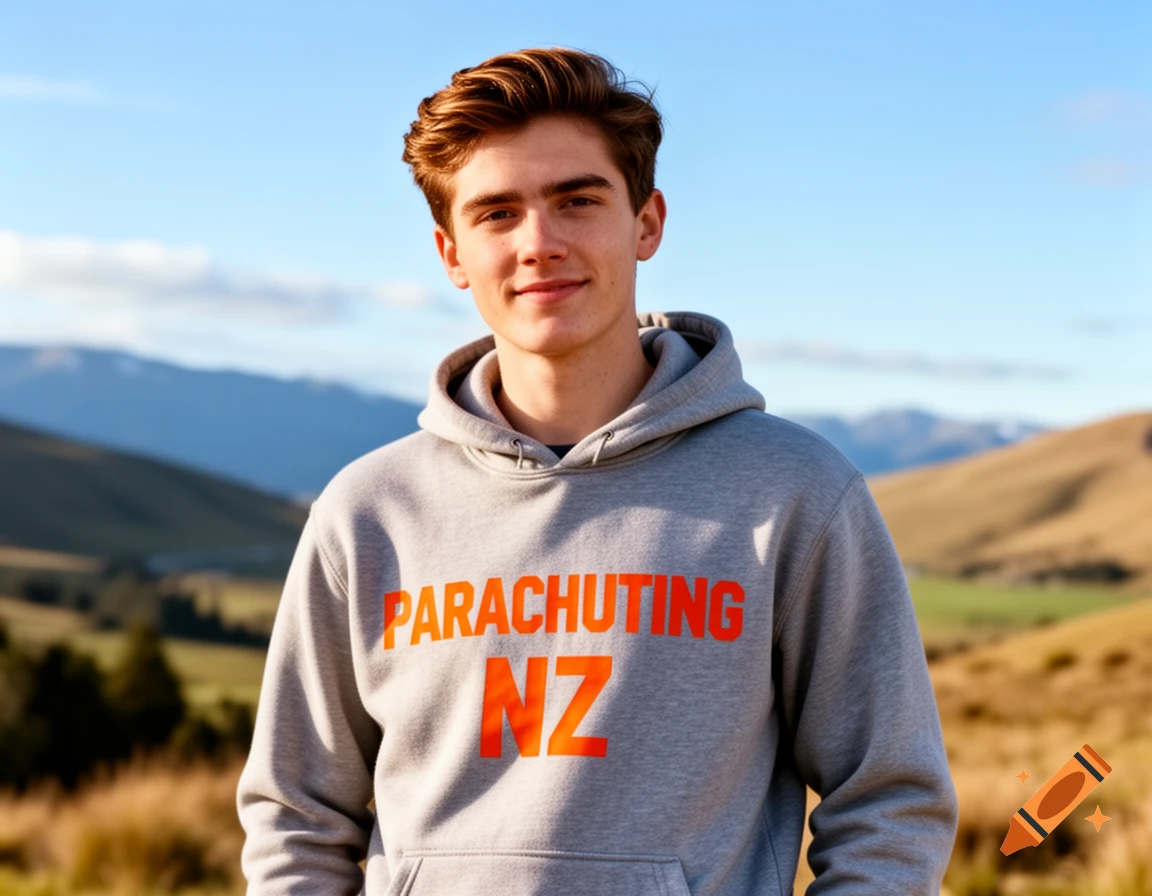 A young man with brown hair smiles while wearing a gray hoodie with "PARACHUTING NZ" in orange text, standing outdoors with mountains in the background.