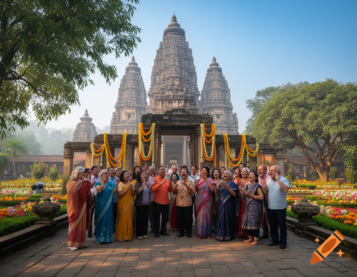 A group of people singing in front of a grand temple adorned with marigold garlands and colorful gardens.