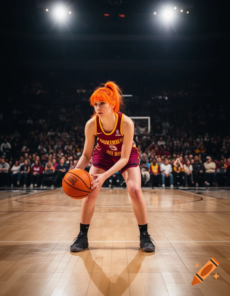 A woman with bright orange hair, wearing a basketball uniform, dribbles a basketball on a hardwood court in a stadium.