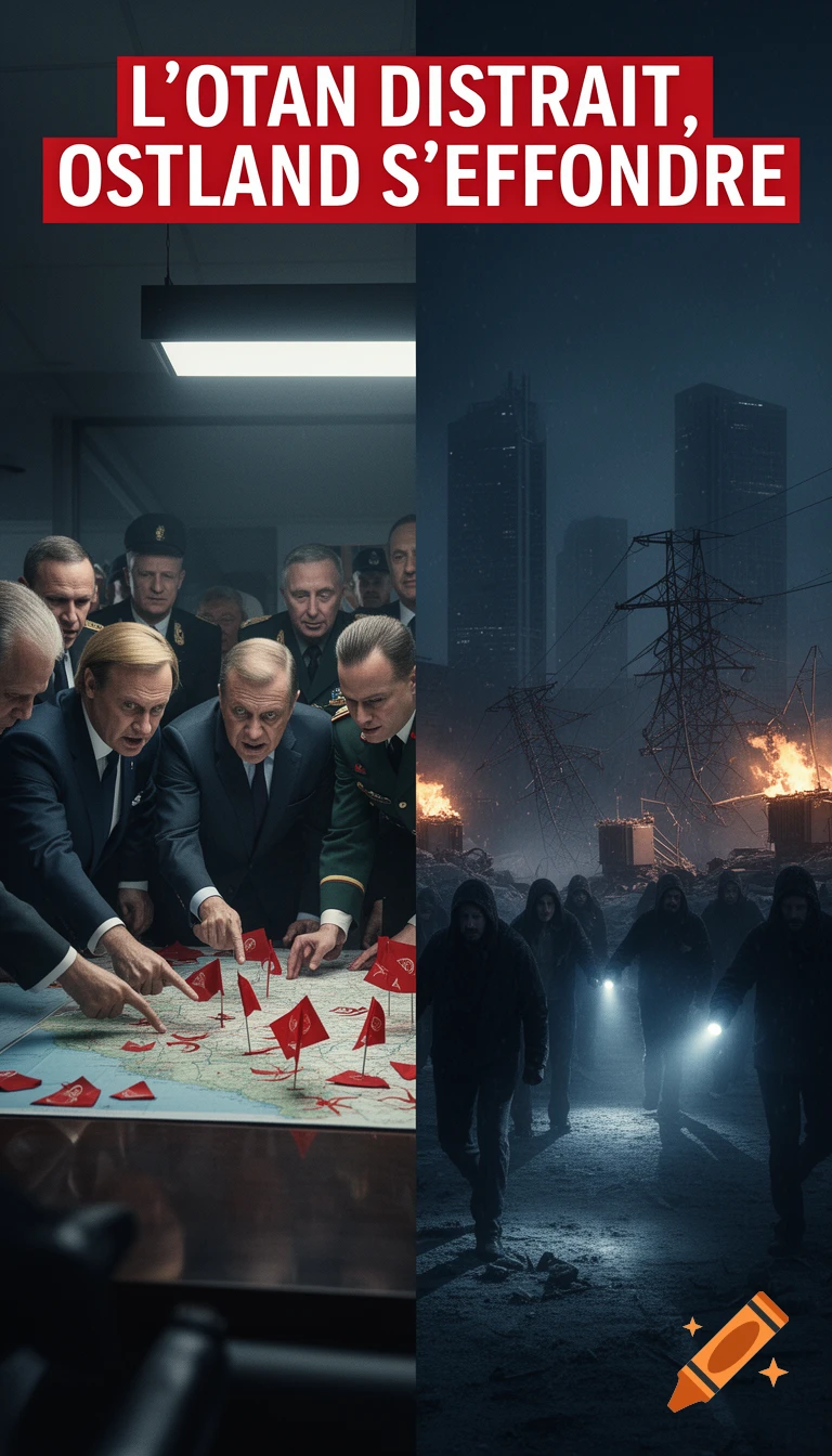 A diptych featuring text "L'OTAN DISTRAIT, OSTLAND S'EFFONDRE". On left, politicians and generals plan around a map; on right, a dark, war-torn city with fires and people with flashlights.