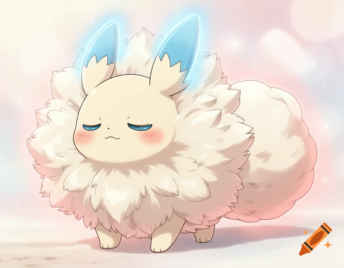A cute, fluffy, cream-colored anime creature with glowing blue-tipped ears, closed eyes, and rosy cheeks, standing on a soft background.