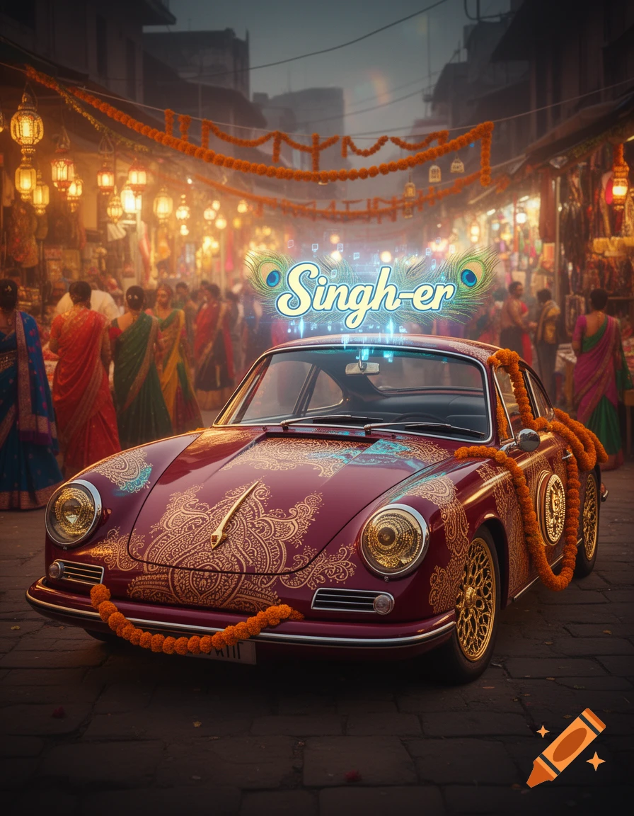 A decorated vintage red Porsche with gold paisley patterns and marigold garlands, in an Indian street market under a glowing "Singh-er" sign with peacock feathers.