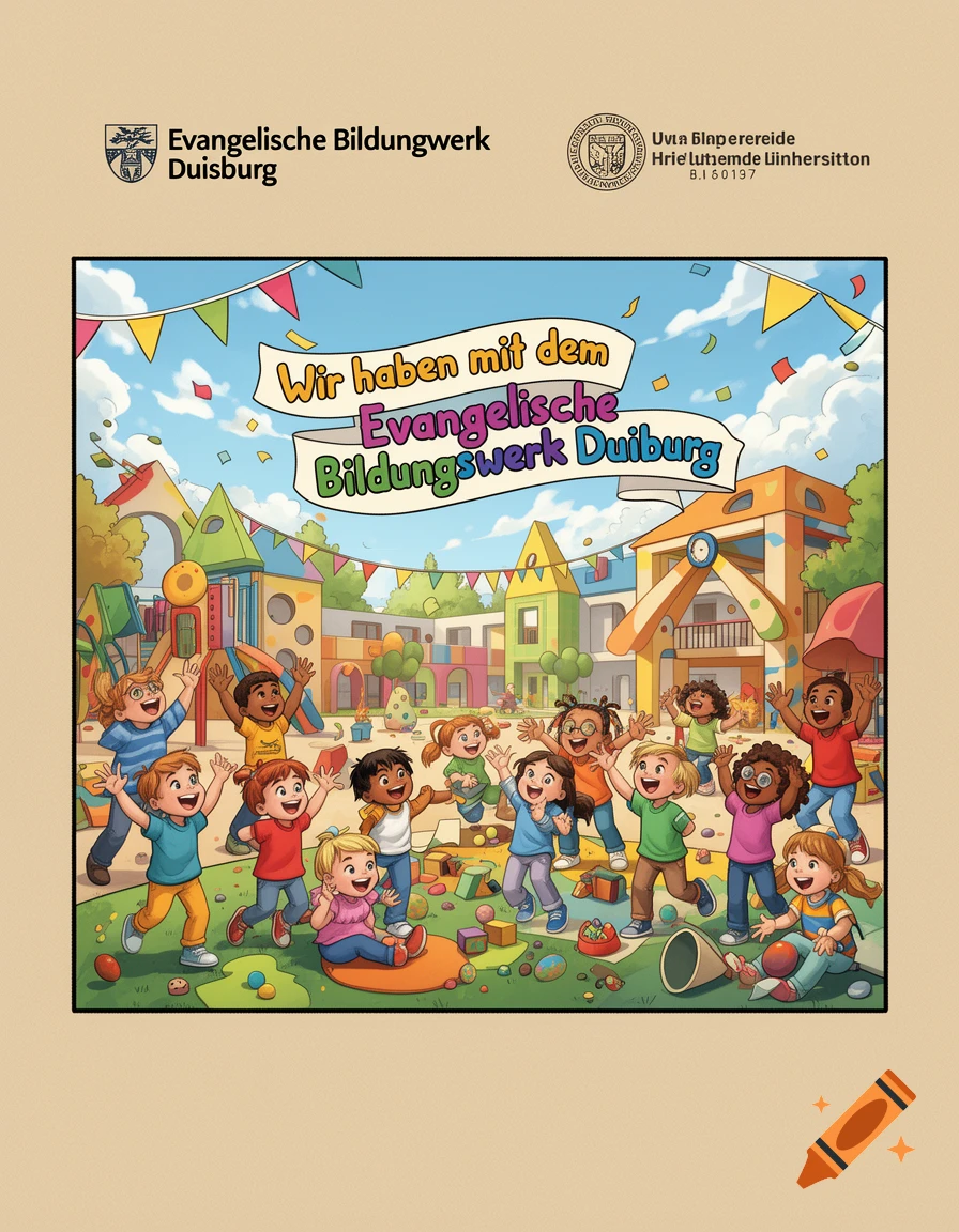 A colorful cartoon illustration of many smiling children playing happily in a vibrant playground, with text banners on a beige background.
