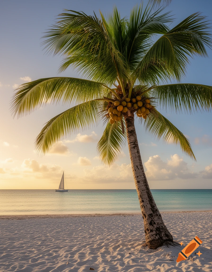 A palm tree with coconuts on a white sand beach with a sailboat in the ocean at sunset.