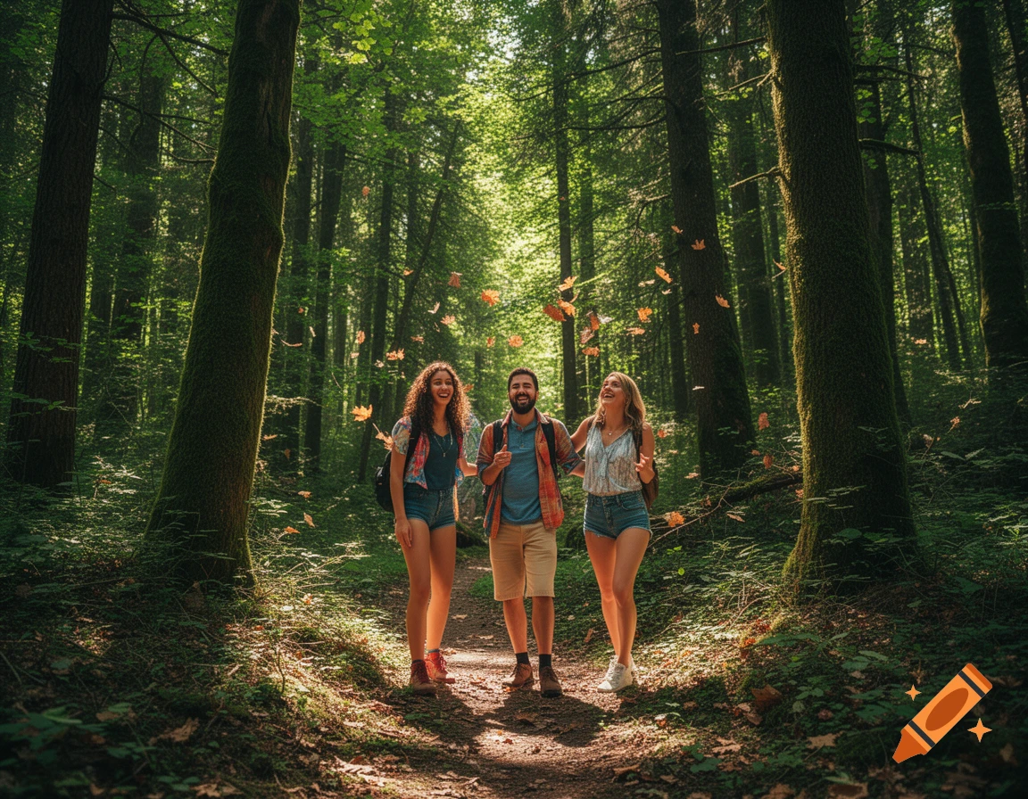 Three smiling friends hike a sun-dappled forest path, with autumn leaves falling around them.