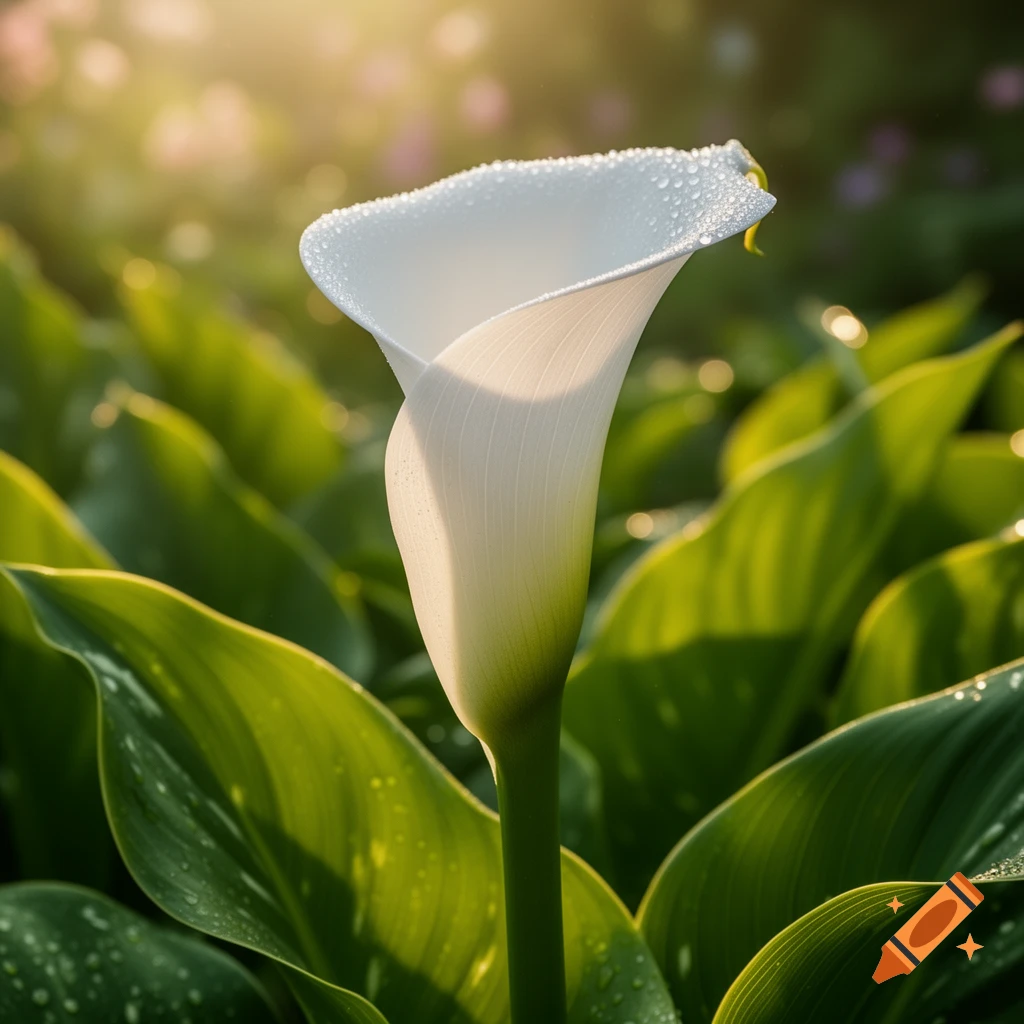 A close-up, photorealistic shot of a white Calla Lily with water droplets on its petals, surrounded by green leaves under soft sunlight.