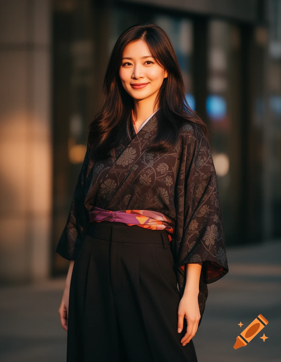 A smiling young Asian woman in a dark patterned kimono-style top, colorful obi, and black pants, standing outdoors in golden hour light.