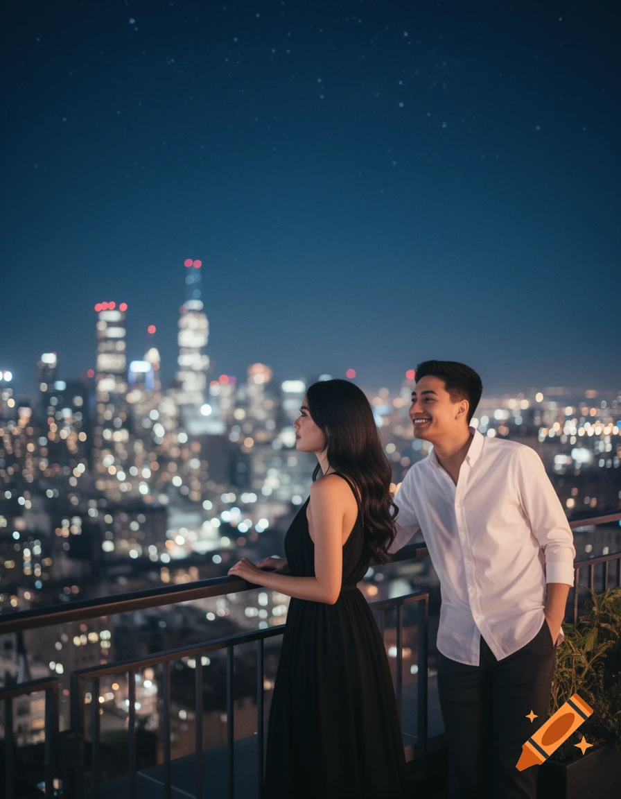 A couple stands on a rooftop overlooking a brightly lit city skyline at night.