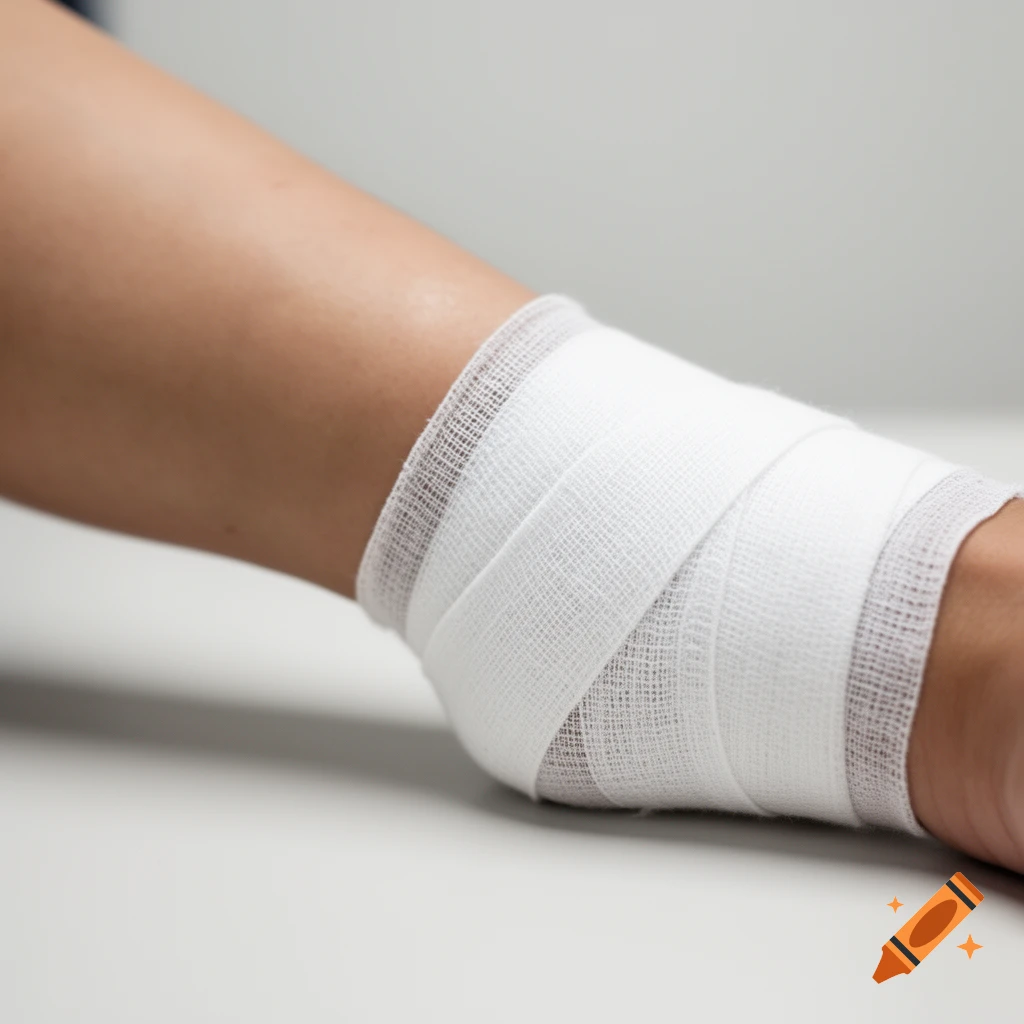 A close-up shot of a person's forearm and wrist wrapped in a white medical gauze bandage.