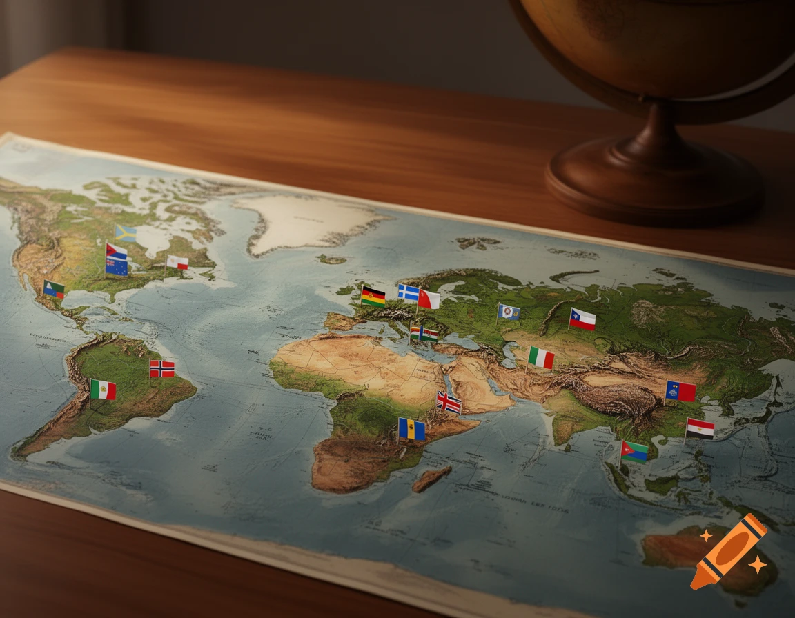 A photorealistic world map with various small flags pinned across different continents, alongside a wooden globe.