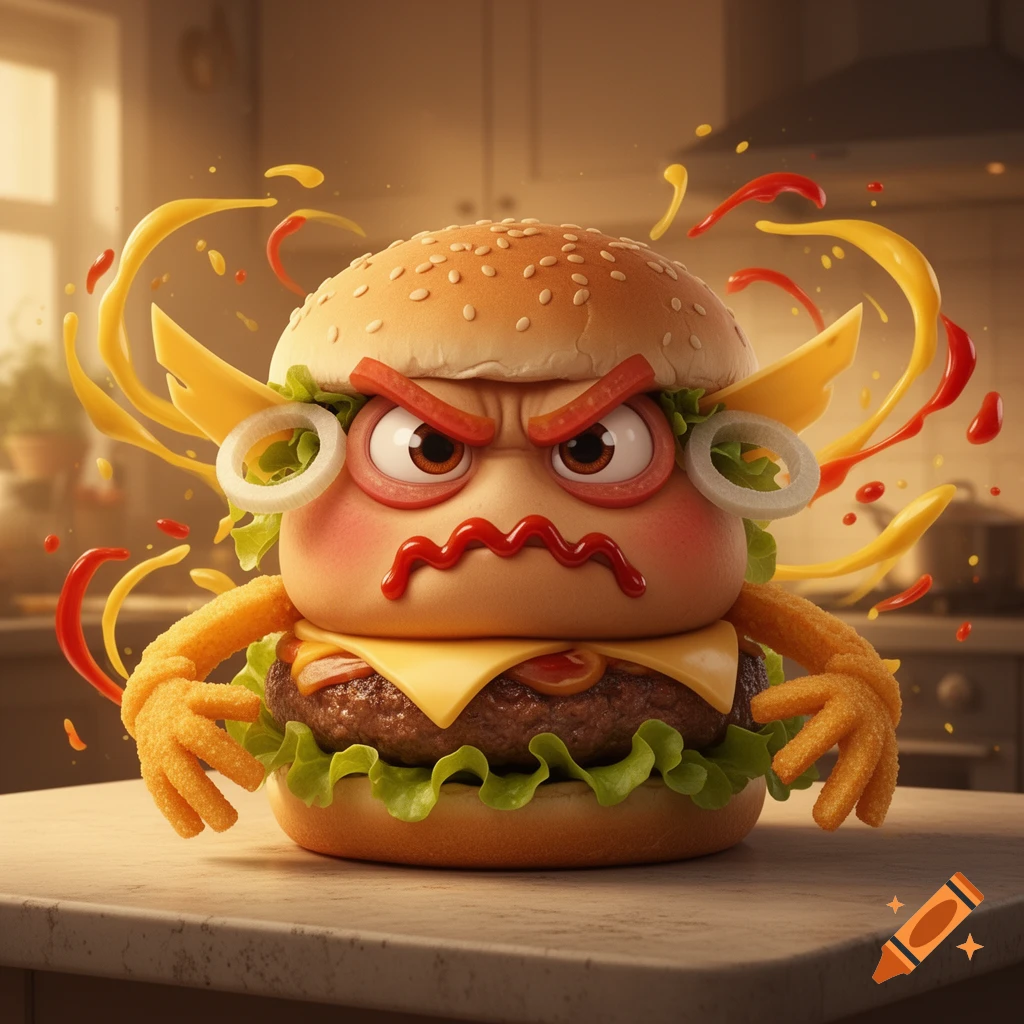 A large, angry cartoon hamburger with onion ring eyes, fry arms, and ketchup/mustard splatters, sitting on a kitchen counter.