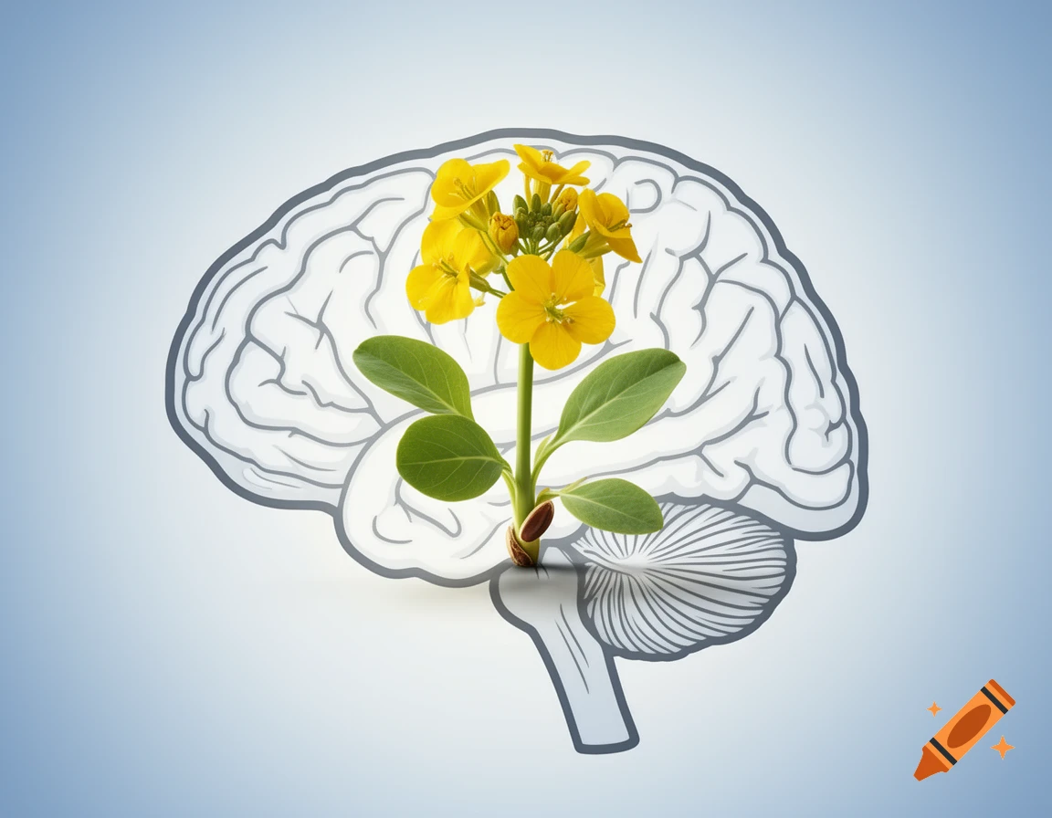 A stylized silhouette of a human brain with a vibrant yellow mustard flower growing from its base, against a light blue gradient background.
