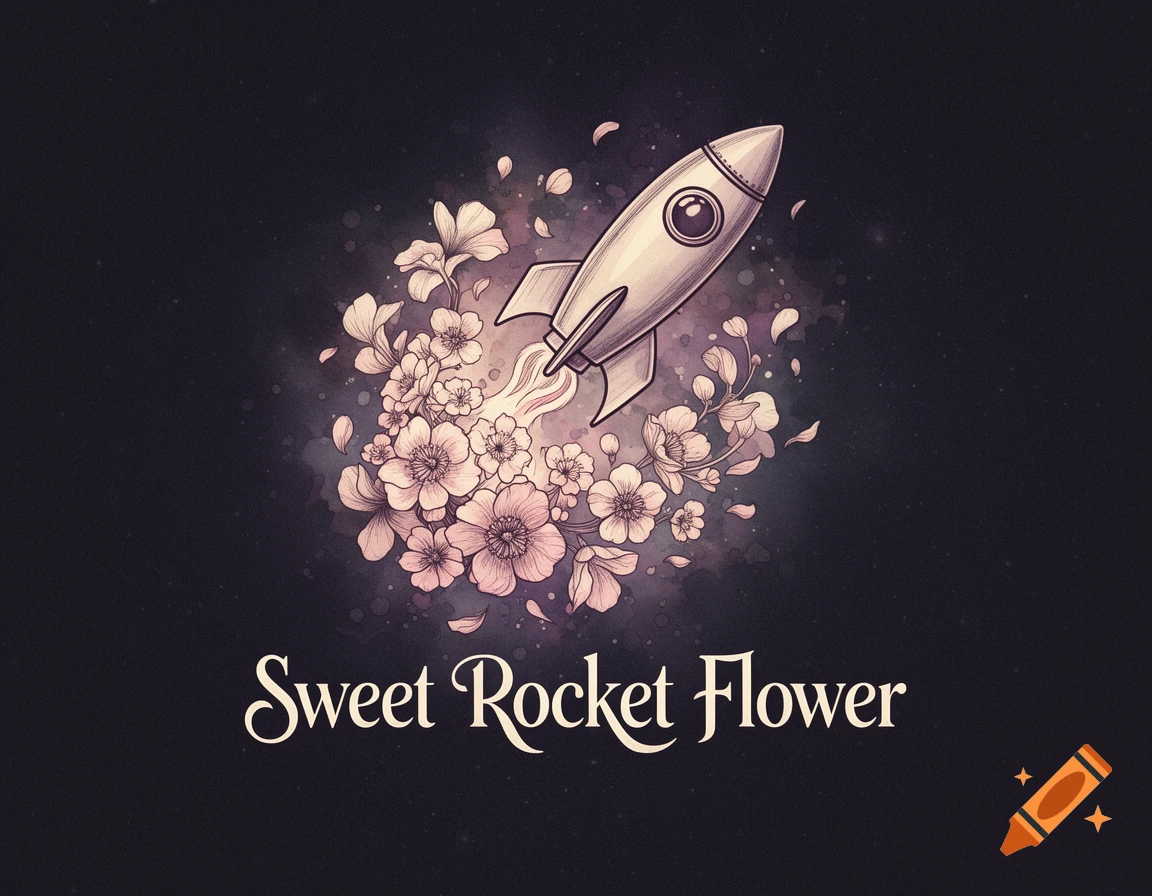Stylized illustration of a cartoon rocket blasting off from pink flowers in a dark, starry sky, with 'Sweet Rocket Flower' text.